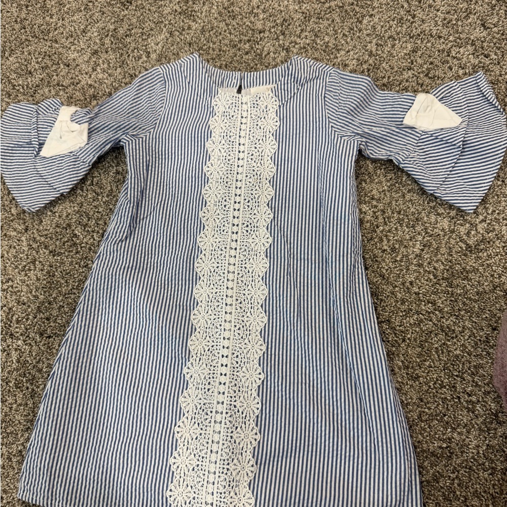 Rare Editions Blue and White Striped Dress with Lace